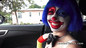 Horny petite clown fucked in public and got facial cumshot