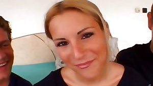 Beautiful blonde fucked in threesome and finished with facial cumshot