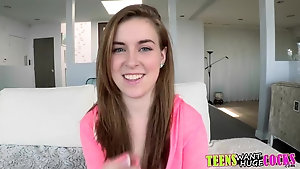 Petite brunette teen rides a huge dick